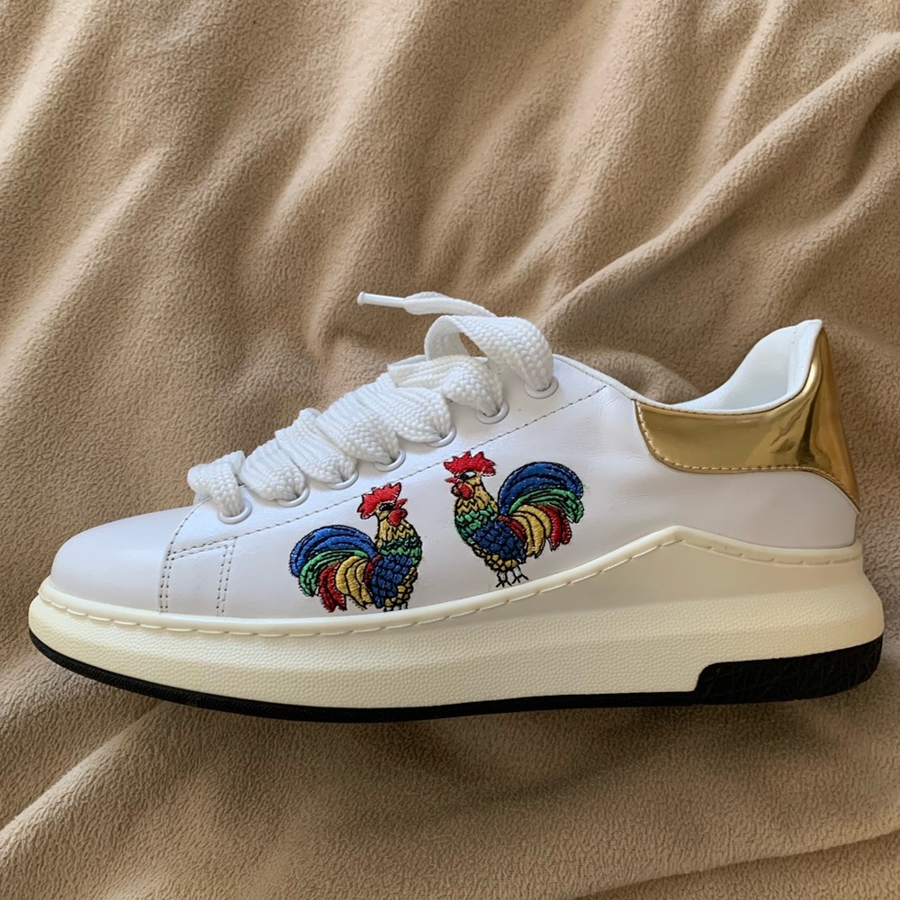 Alexander McQueen white and gold with rooster embroidered sneaker